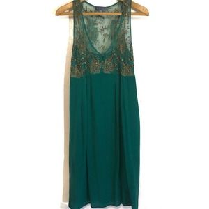 Lil Anthropologie green silk dress w/ gold beading. Size 10.